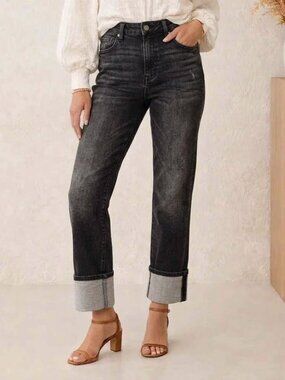 Evereve The Ever Straight High Rise Cuffed Stretch Jeans 32 X 30" Black Wash
